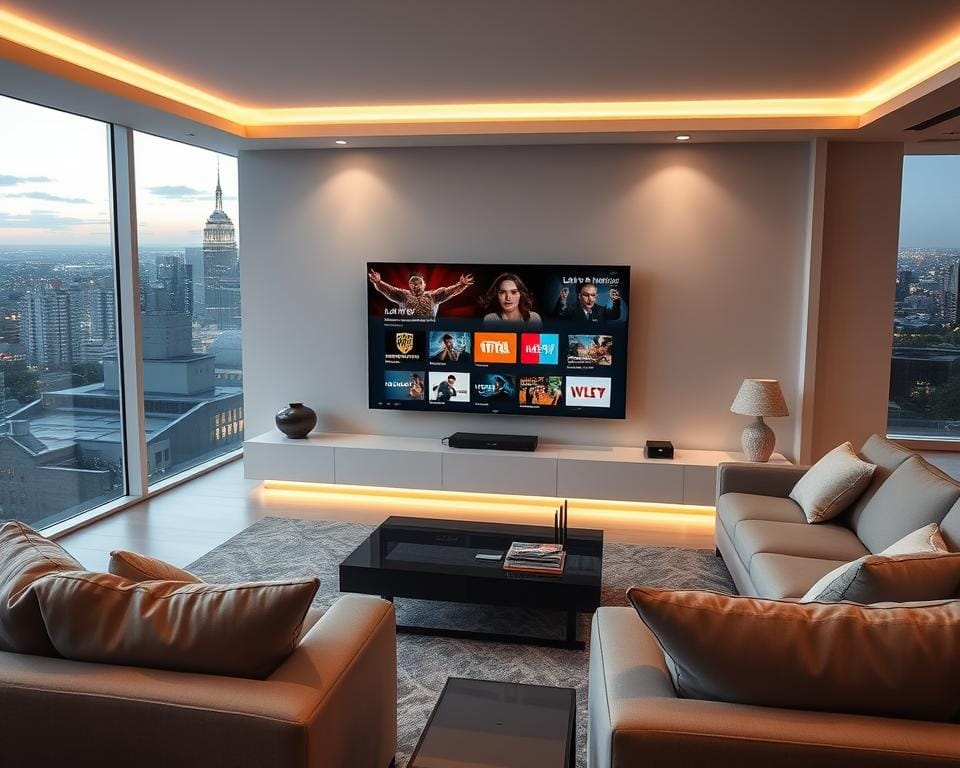 A spacious living room with a sleek, modern entertainment center. The center features an advanced IPTV system with a variety of connectivity options, including ethernet, HDMI, and wireless connectivity. The system's interface displays a grid of popular live TV channels, video-on-demand content, and customizable user settings. Ambient lighting creates a cozy atmosphere, with floor-to-ceiling windows offering a panoramic view of a vibrant city skyline in the background. The room is furnished with plush, minimalist sofas and a coffee table, conveying a sense of comfort and sophistication. The overall scene showcases the seamless integration of cutting-edge IPTV technology within a stylish, contemporary home environment. A spacious living room with a sleek, modern entertainment center. The center features an advanced IPTV system with a variety of connectivity options, including ethernet, HDMI, and wireless connectivity. The system's interface displays a grid of popular live TV channels, video-on-demand content, and customizable user settings. Ambient lighting creates a cozy atmosphere, with floor-to-ceiling windows offering a panoramic view of a vibrant city skyline in the background. The room is furnished with plush, minimalist sofas and a coffee table, conveying a sense of comfort and sophistication. The overall scene showcases the seamless integration of cutting-edge IPTV technology within a stylish, contemporary home environment.
