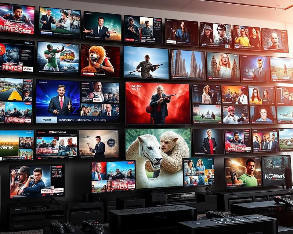 A sprawling, meticulously detailed selection of television channels, showcased against a backdrop of sleek, modern entertainment systems. The foreground features an array of high-definition screens displaying an eclectic mix of content, from news and sports to movies and documentaries. The middle ground is populated with advanced set-top boxes, streaming devices, and remote controls, all seamlessly integrated for a seamless viewing experience. The background evokes a sense of technological sophistication, with clean lines, brushed metal accents, and subtle ambient lighting that sets the mood. The overall composition conveys the comprehensive nature of the channel selection, catering to a wide range of viewer preferences and delivering unparalleled entertainment value. A sprawling, meticulously detailed selection of television channels, showcased against a backdrop of sleek, modern entertainment systems. The foreground features an array of high-definition screens displaying an eclectic mix of content, from news and sports to movies and documentaries. The middle ground is populated with advanced set-top boxes, streaming devices, and remote controls, all seamlessly integrated for a seamless viewing experience. The background evokes a sense of technological sophistication, with clean lines, brushed metal accents, and subtle ambient lighting that sets the mood. The overall composition conveys the comprehensive nature of the channel selection, catering to a wide range of viewer preferences and delivering unparalleled entertainment value.