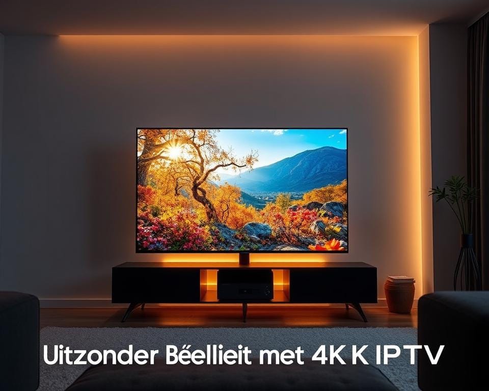 A stunning 4K IPTV display showcasing exceptional visual fidelity. In the foreground, a vibrant 4K television screen displays a captivating nature scene, with vivid colors, sharp details, and lifelike textures. The middle ground features a sleek, modern entertainment console, housing the IPTV equipment. Subtle backlighting illuminates the setup, creating a warm, inviting ambiance. The background is a minimalist, high-contrast living room, with clean lines and muted tones, allowing the 4K display to take center stage. The overall scene conveys a sense of technological sophistication and immersive visual experience, perfectly complementing the "Uitzonderlijke Beeldkwaliteit met 4K IPTV" section title. A stunning 4K IPTV display showcasing exceptional visual fidelity. In the foreground, a vibrant 4K television screen displays a captivating nature scene, with vivid colors, sharp details, and lifelike textures. The middle ground features a sleek, modern entertainment console, housing the IPTV equipment. Subtle backlighting illuminates the setup, creating a warm, inviting ambiance. The background is a minimalist, high-contrast living room, with clean lines and muted tones, allowing the 4K display to take center stage. The overall scene conveys a sense of technological sophistication and immersive visual experience, perfectly complementing the "Uitzonderlijke Beeldkwaliteit met 4K IPTV" section title.