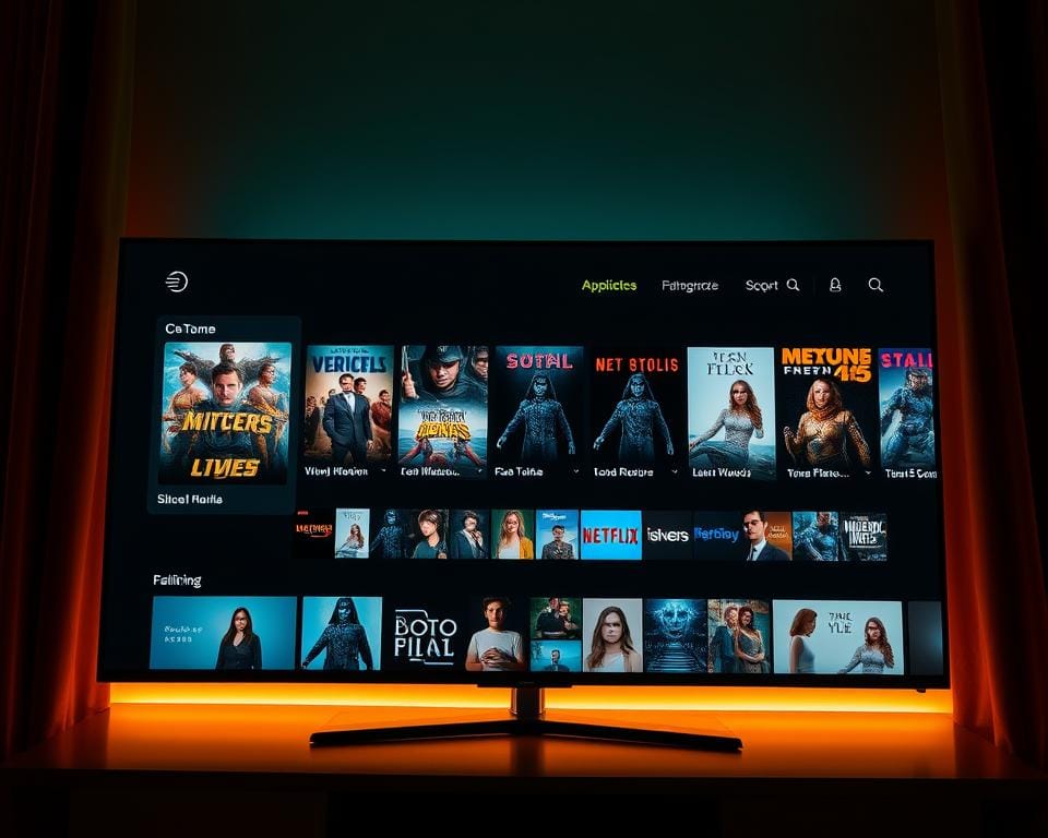 A stylish and modern film and TV series streaming interface displayed on a sleek, high-resolution digital screen. The interface features a clean, minimalist design with a dark color palette, showcasing a curated selection of movie and TV show thumbnails. The screen is illuminated with warm, cinematic lighting, creating a cozy and immersive atmosphere. The layout is arranged in an intuitive grid-like pattern, allowing the viewer to easily browse and select their desired content. The overall aesthetic is sophisticated and visually appealing, reflecting the high-quality entertainment options available. A stylish and modern film and TV series streaming interface displayed on a sleek, high-resolution digital screen. The interface features a clean, minimalist design with a dark color palette, showcasing a curated selection of movie and TV show thumbnails. The screen is illuminated with warm, cinematic lighting, creating a cozy and immersive atmosphere. The layout is arranged in an intuitive grid-like pattern, allowing the viewer to easily browse and select their desired content. The overall aesthetic is sophisticated and visually appealing, reflecting the high-quality entertainment options available.