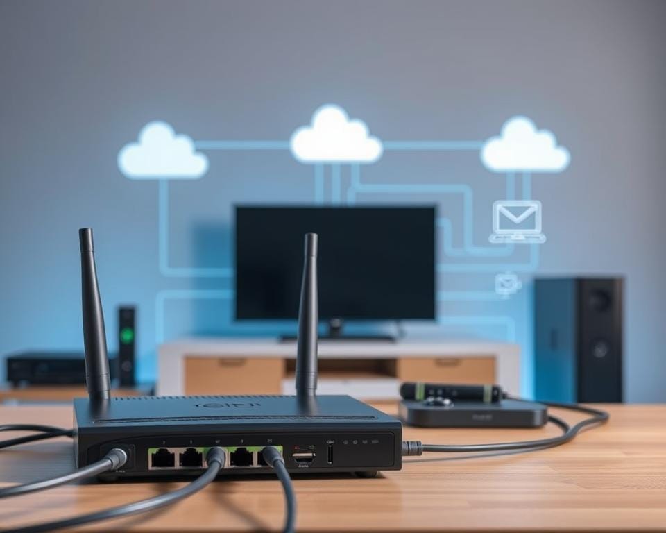 A technical diagram depicting the essential hardware and software requirements for a robust IPTV system. In the foreground, a modern router and modem connected by cables, symbolizing the network infrastructure. In the middle ground, a smart TV and streaming device, showcasing the end-user hardware. In the background, cloud icons and server silhouettes, representing the cloud-based IPTV service. The scene is lit by cool, technical lighting, emphasizing the digital nature of the setup. The overall composition conveys the interconnected and comprehensive nature of the IPTV technical specifications, catering to the informative needs of the article's readers. A technical diagram depicting the essential hardware and software requirements for a robust IPTV system. In the foreground, a modern router and modem connected by cables, symbolizing the network infrastructure. In the middle ground, a smart TV and streaming device, showcasing the end-user hardware. In the background, cloud icons and server silhouettes, representing the cloud-based IPTV service. The scene is lit by cool, technical lighting, emphasizing the digital nature of the setup. The overall composition conveys the interconnected and comprehensive nature of the IPTV technical specifications, catering to the informative needs of the article's readers.