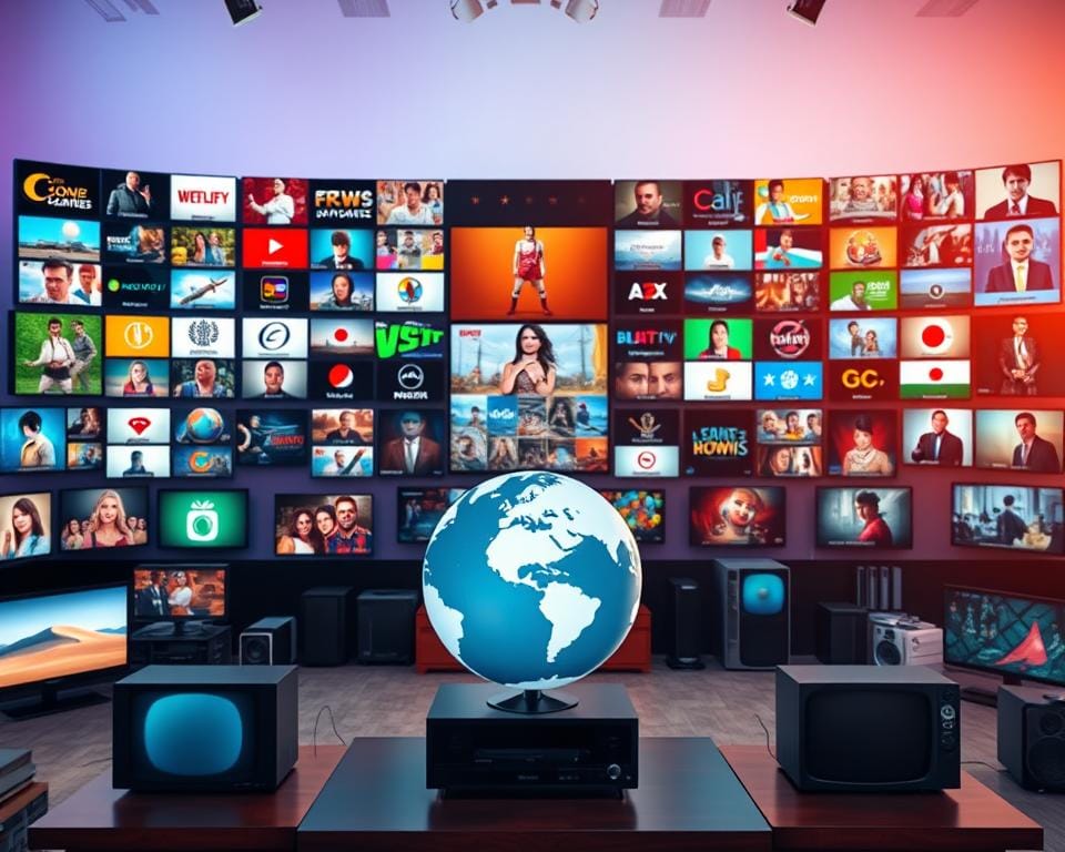 A vibrant and diverse international television landscape, showcasing a wide array of channels and content. In the foreground, a stylized globe symbol representing the global reach of television programming, surrounded by various television screens displaying different genres and cultural influences. In the middle ground, sleek and modern television sets arranged in a visually appealing grid, highlighting the vast selection of available channels. The background features a soft, gradient-based color scheme, creating a sense of depth and sophistication. Lighting is warm and inviting, with a cinematic quality that emphasizes the immersive and engaging nature of the television experience. The overall composition conveys a sense of technological advancement, cultural diversity, and the seamless integration of international television offerings.