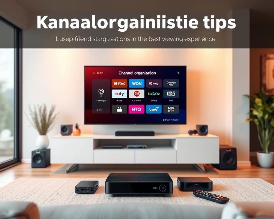 A vibrant and informative illustration of "kanaalorganisatie tips" for the best viewing experience. Set in a modern, well-lit living room, the scene features a sleek smart TV mounted on a minimalist entertainment center, surrounded by various IPTV streaming devices and remote controls. The middle ground showcases a user-friendly interface displaying channel organization recommendations, while the background softly blurs to emphasize the content. Warm lighting, crisp details, and a clean, inviting atmosphere convey the optimal IPTV setup for a comfortable and enjoyable home entertainment experience. A vibrant and informative illustration of "kanaalorganisatie tips" for the best viewing experience. Set in a modern, well-lit living room, the scene features a sleek smart TV mounted on a minimalist entertainment center, surrounded by various IPTV streaming devices and remote controls. The middle ground showcases a user-friendly interface displaying channel organization recommendations, while the background softly blurs to emphasize the content. Warm lighting, crisp details, and a clean, inviting atmosphere convey the optimal IPTV setup for a comfortable and enjoyable home entertainment experience.