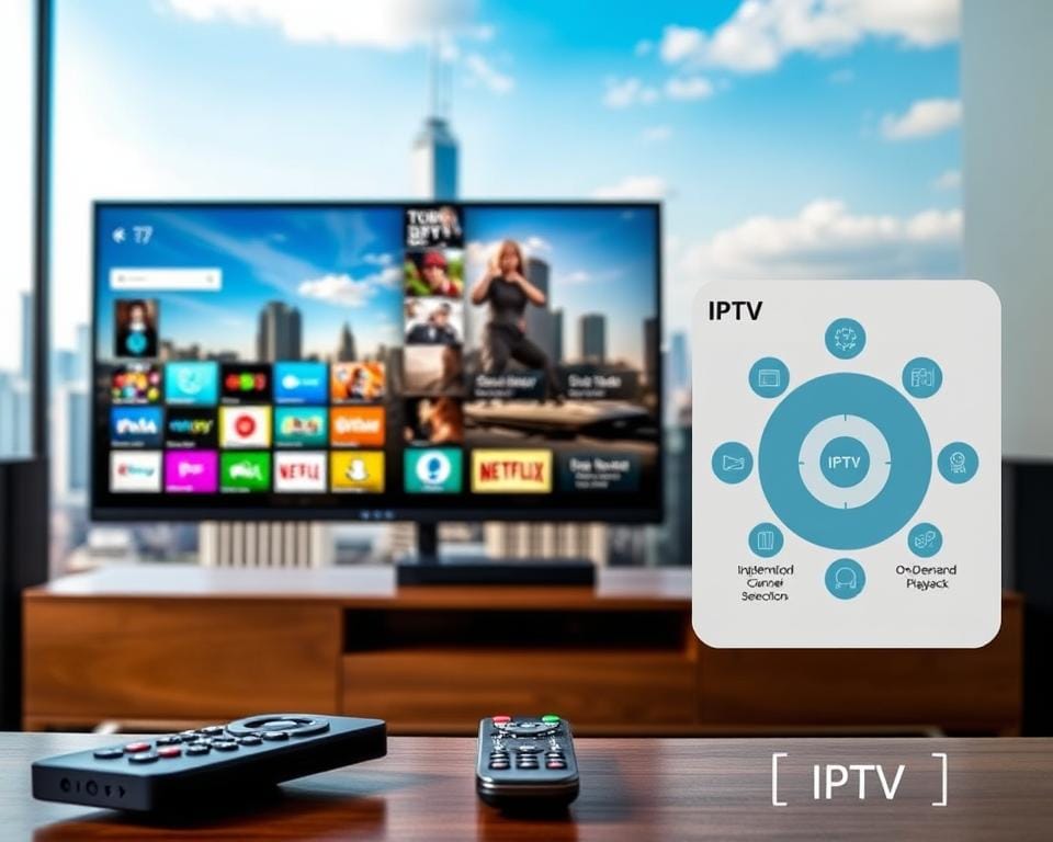 A vibrant and well-equipped IPTV service setup, with a modern user interface displayed on a sleek flat-screen TV. In the foreground, various streaming app icons and a remote control suggest seamless access to a vast content library. The middle ground showcases a detailed diagram highlighting the key advantages of IPTV, such as high-definition video quality, extensive channel selection, and on-demand playback. The background features a cityscape with skyscrapers, suggesting the wide availability and reliability of the IPTV infrastructure. The overall scene conveys a sense of technological sophistication, convenience, and the many benefits of IPTV for the discerning viewer. A vibrant and well-equipped IPTV service setup, with a modern user interface displayed on a sleek flat-screen TV. In the foreground, various streaming app icons and a remote control suggest seamless access to a vast content library. The middle ground showcases a detailed diagram highlighting the key advantages of IPTV, such as high-definition video quality, extensive channel selection, and on-demand playback. The background features a cityscape with skyscrapers, suggesting the wide availability and reliability of the IPTV infrastructure. The overall scene conveys a sense of technological sophistication, convenience, and the many benefits of IPTV for the discerning viewer.