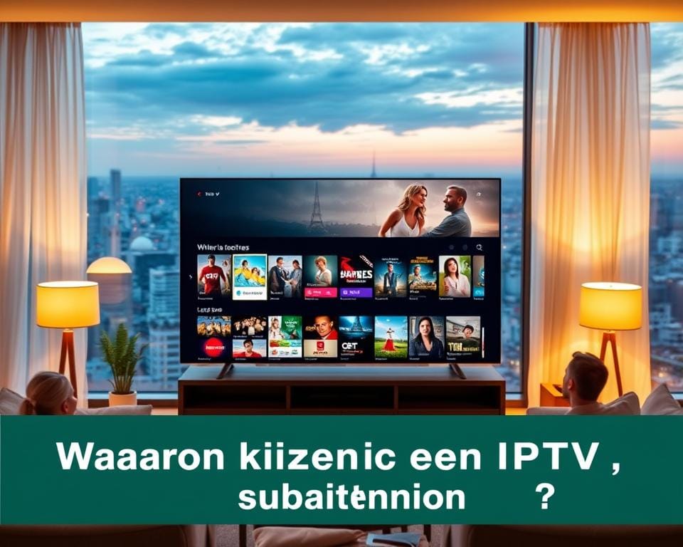 A vibrant, cinematic scene showcasing the advantages of an IPTV service. In the foreground, a sleek, modern television stands prominently, its screen displaying a diverse array of content - from live sports and news to on-demand movies and series. Surrounding the TV, a cozy living room setting with comfortable furniture and warm lighting creates an inviting atmosphere. In the middle ground, family members or friends are gathered, engaged in lively discussion and enjoying the entertainment provided by the IPTV service. The background features a panoramic view of a cityscape, hinting at the global connectivity and accessibility that an IPTV subscription offers. Overall, the image conveys the convenience, versatility, and entertainment value of an IPTV service, perfectly complementing the section title "Waarom kiezen voor een IPTV abonnement?". A vibrant, cinematic scene showcasing the advantages of an IPTV service. In the foreground, a sleek, modern television stands prominently, its screen displaying a diverse array of content - from live sports and news to on-demand movies and series. Surrounding the TV, a cozy living room setting with comfortable furniture and warm lighting creates an inviting atmosphere. In the middle ground, family members or friends are gathered, engaged in lively discussion and enjoying the entertainment provided by the IPTV service. The background features a panoramic view of a cityscape, hinting at the global connectivity and accessibility that an IPTV subscription offers. Overall, the image conveys the convenience, versatility, and entertainment value of an IPTV service, perfectly complementing the section title "Waarom kiezen voor een IPTV abonnement?".