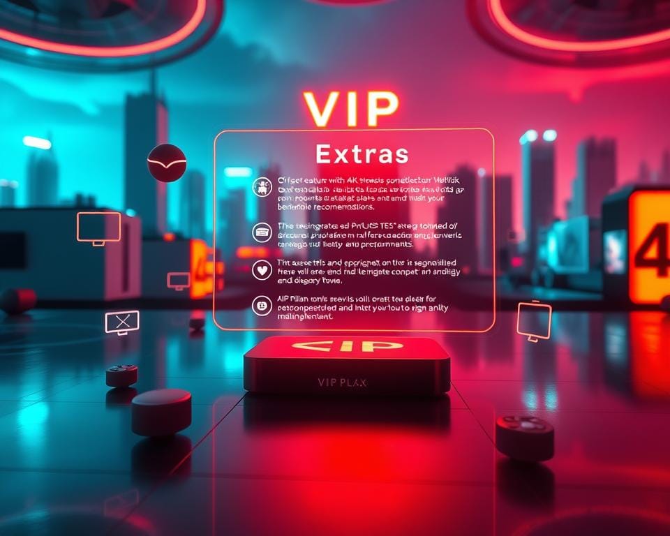 A vibrant, futuristic scene showcasing the "VIP Plan Extra's" offerings. In the foreground, sleek icons representing various premium features such as 4K streaming, surround sound, and personalized recommendations float against a backdrop of a stylized cityscape. The middle ground features a holographic display detailing the benefits of the VIP plan, with elegant typography and infographic elements. The background is bathed in a warm, neon-tinged glow, creating a sense of high-tech luxury and exclusivity. Dramatic cinematic lighting and a low camera angle imbue the image with a sense of grandeur and importance, highlighting the value and desirability of the "VIP Plan Extra's" package. A vibrant, futuristic scene showcasing the "VIP Plan Extra's" offerings. In the foreground, sleek icons representing various premium features such as 4K streaming, surround sound, and personalized recommendations float against a backdrop of a stylized cityscape. The middle ground features a holographic display detailing the benefits of the VIP plan, with elegant typography and infographic elements. The background is bathed in a warm, neon-tinged glow, creating a sense of high-tech luxury and exclusivity. Dramatic cinematic lighting and a low camera angle imbue the image with a sense of grandeur and importance, highlighting the value and desirability of the "VIP Plan Extra's" package.