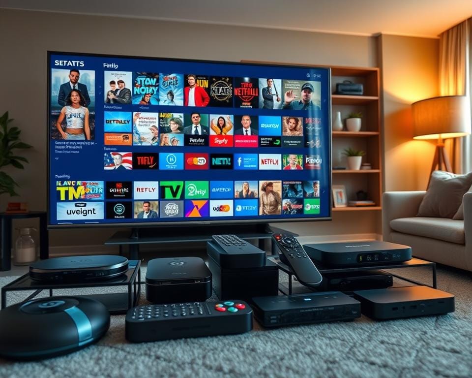 A vibrant, high-definition image showcasing an extensive television offering. In the foreground, a sleek, modern television set takes center stage, displaying a diverse array of channels and content. The middle ground features a well-organized array of streaming devices, remote controls, and other media accessories, all arranged in a visually appealing manner. The background depicts a cozy living room setting, with comfortable furnishings and subtle lighting that creates a warm and inviting atmosphere. The overall composition conveys a sense of technological advancement, entertainment, and the convenience of a comprehensive television experience. The image should be captured with a wide-angle lens, allowing for a expansive and visually striking presentation.