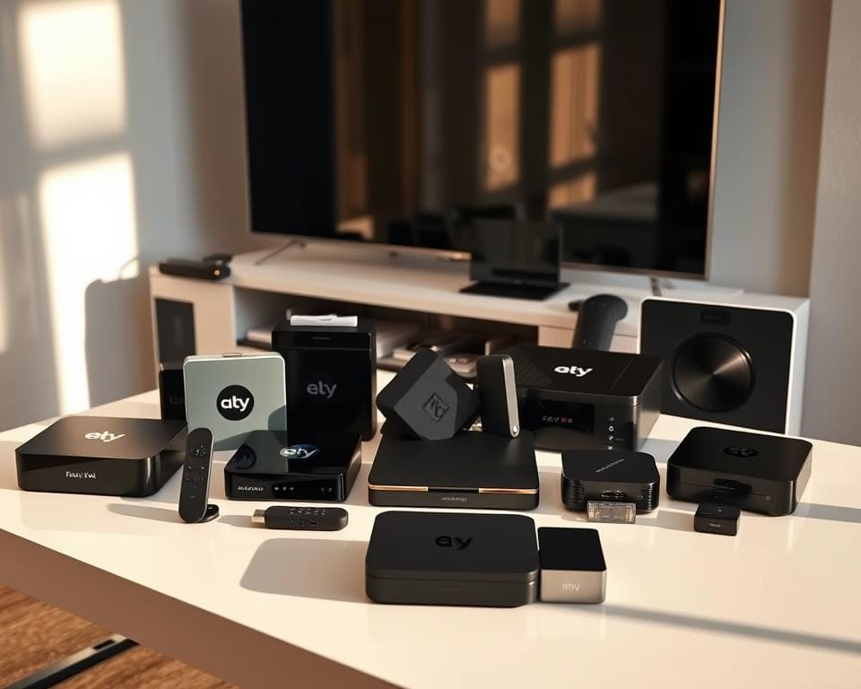 A vibrant, high-resolution image of an assortment of smart TV devices arranged neatly on a modern, minimalist table. The devices include various brands and models of smart TVs, streaming boxes, and dongles in a range of sleek, contemporary designs. The lighting is warm and natural, casting subtle shadows that accentuate the clean lines and premium materials of the devices. The camera angle is slightly elevated, providing a clear, unobstructed view of the compatibele apparaten. The overall mood is one of technological sophistication and seamless integration, reflecting the section title "Compatibele apparaten voor IPTV".
