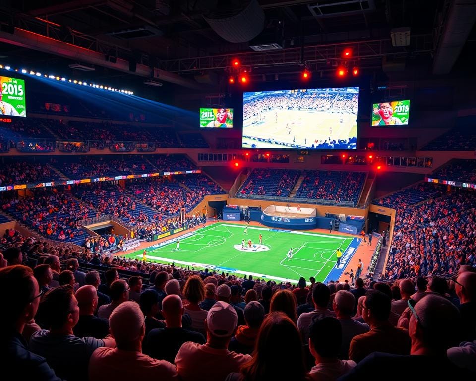 A vibrant live sports event unfolding on a large screen, with the audience engrossed in the action. The arena is bathed in a warm, dynamic lighting, creating an immersive atmosphere. Spectators are seated in the foreground, their expressions filled with excitement and anticipation. The middle ground features a wide shot of the playing field, where athletes compete with skill and determination. In the background, the venue's architecture and design elements add depth and visual interest to the scene. The overall composition conveys the energy, thrill, and communal spirit of a captivating live sports experience. A vibrant live sports event unfolding on a large screen, with the audience engrossed in the action. The arena is bathed in a warm, dynamic lighting, creating an immersive atmosphere. Spectators are seated in the foreground, their expressions filled with excitement and anticipation. The middle ground features a wide shot of the playing field, where athletes compete with skill and determination. In the background, the venue's architecture and design elements add depth and visual interest to the scene. The overall composition conveys the energy, thrill, and communal spirit of a captivating live sports experience.