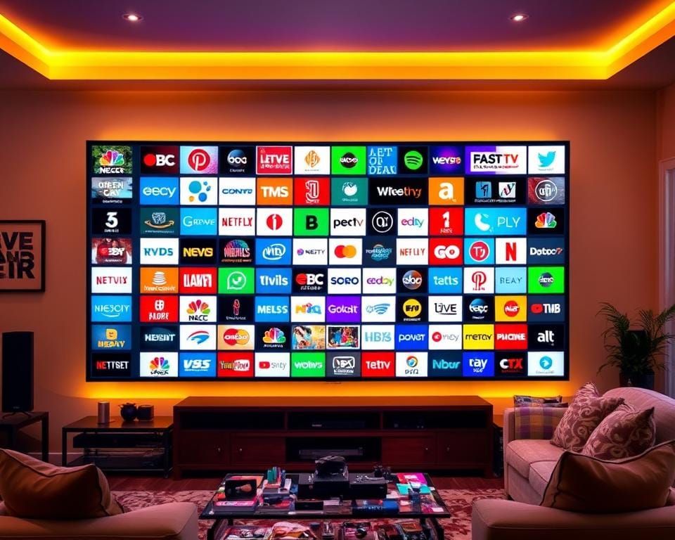 A vibrant living room with a large, high-definition TV screen showcasing a diverse array of channel options. The screen displays a dynamic grid of numerous colorful logos and icons representing a wide variety of television programming, from news and sports to movies, documentaries, and entertainment channels. The room is bathed in warm, soft lighting, creating a cozy and inviting atmosphere. The TV is positioned prominently, commanding attention, surrounded by comfortable furniture and decor that complements the contemporary, tech-savvy ambiance. The overall scene conveys a sense of abundance, choice, and the ability to access a vast, diverse range of television content from the comfort of one's own home. A vibrant living room with a large, high-definition TV screen showcasing a diverse array of channel options. The screen displays a dynamic grid of numerous colorful logos and icons representing a wide variety of television programming, from news and sports to movies, documentaries, and entertainment channels. The room is bathed in warm, soft lighting, creating a cozy and inviting atmosphere. The TV is positioned prominently, commanding attention, surrounded by comfortable furniture and decor that complements the contemporary, tech-savvy ambiance. The overall scene conveys a sense of abundance, choice, and the ability to access a vast, diverse range of television content from the comfort of one's own home.