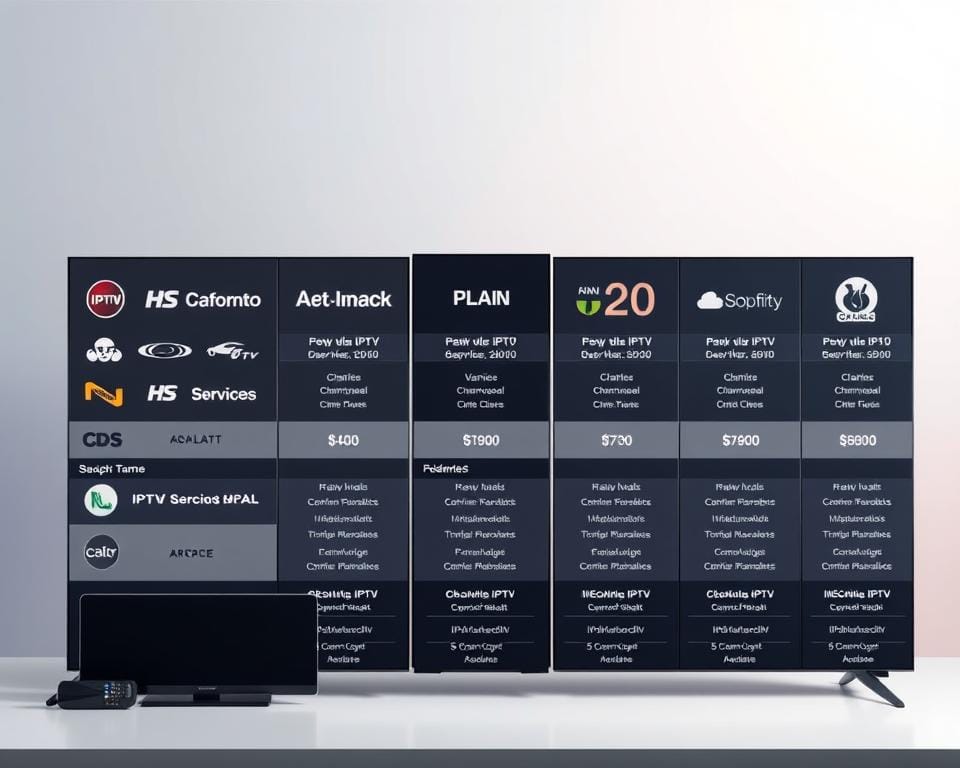 A visually striking comparison of different IPTV subscription plans, showcasing their key features and pricing details. The foreground displays various IPTV service icons and logos, arranged in a clean, minimalist layout. The middle ground features a grid of information panels, each highlighting the plan name, channels, price, and other relevant details. The background is a soft, gradient-based color scheme, creating a sense of depth and focus on the central elements. The lighting is soft and diffused, lending a professional, authoritative tone to the scene. The overall composition is balanced, with a clear hierarchical structure and strategic use of negative space to guide the viewer's attention. A visually striking comparison of different IPTV subscription plans, showcasing their key features and pricing details. The foreground displays various IPTV service icons and logos, arranged in a clean, minimalist layout. The middle ground features a grid of information panels, each highlighting the plan name, channels, price, and other relevant details. The background is a soft, gradient-based color scheme, creating a sense of depth and focus on the central elements. The lighting is soft and diffused, lending a professional, authoritative tone to the scene. The overall composition is balanced, with a clear hierarchical structure and strategic use of negative space to guide the viewer's attention.