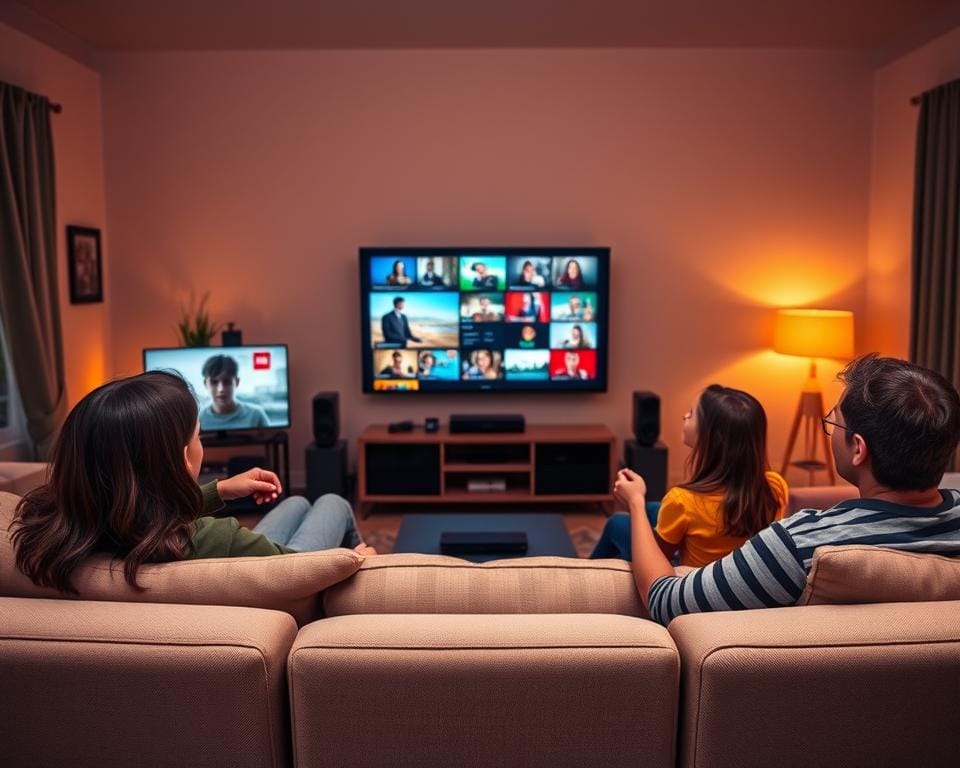 A vivid, personalized television experience set against a warm, inviting living room scene. In the foreground, a family relaxing on a plush sofa, each engrossed in a different viewing experience tailored to their preferences on sleek, high-definition displays. In the middle ground, a central media hub seamlessly integrating various content sources and smart home controls. The background showcases a cozy, well-lit interior with subtle ambient lighting, creating a sense of comfort and convenience. The overall atmosphere conveys the benefits of a customized, immersive television experience that caters to individual needs and preferences. A vivid, personalized television experience set against a warm, inviting living room scene. In the foreground, a family relaxing on a plush sofa, each engrossed in a different viewing experience tailored to their preferences on sleek, high-definition displays. In the middle ground, a central media hub seamlessly integrating various content sources and smart home controls. The background showcases a cozy, well-lit interior with subtle ambient lighting, creating a sense of comfort and convenience. The overall atmosphere conveys the benefits of a customized, immersive television experience that caters to individual needs and preferences.