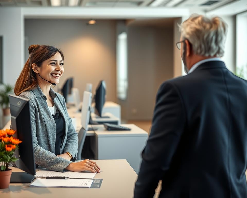 A warm, inviting office setting with a customer service representative assisting a customer. The foreground features the customer service agent, dressed professionally, offering a friendly and attentive demeanor as they discuss the customer's needs. The middle ground showcases a modern, well-equipped workstation with a computer, telephone, and other relevant office equipment. The background depicts a calm, organized office environment with muted colors and subtle lighting, conveying a sense of reliability and support. The overall atmosphere is one of competence, empathy, and a commitment to providing excellent customer service. A warm, inviting office setting with a customer service representative assisting a customer. The foreground features the customer service agent, dressed professionally, offering a friendly and attentive demeanor as they discuss the customer's needs. The middle ground showcases a modern, well-equipped workstation with a computer, telephone, and other relevant office equipment. The background depicts a calm, organized office environment with muted colors and subtle lighting, conveying a sense of reliability and support. The overall atmosphere is one of competence, empathy, and a commitment to providing excellent customer service.