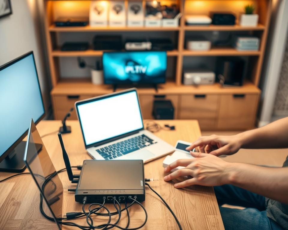 A well-lit, high-angle shot of a modern home office setup. In the foreground, a laptop, router, and various cables neatly organized on a minimalist wooden desk. The middle ground shows a person's hands configuring the devices, their face out of frame. In the background, shelves displaying technical manuals and digital devices. The lighting is warm and diffused, creating a productive, professional atmosphere. The overall scene conveys the step-by-step process of setting up a reliable IPTV service in a home environment. A well-lit, high-angle shot of a modern home office setup. In the foreground, a laptop, router, and various cables neatly organized on a minimalist wooden desk. The middle ground shows a person's hands configuring the devices, their face out of frame. In the background, shelves displaying technical manuals and digital devices. The lighting is warm and diffused, creating a productive, professional atmosphere. The overall scene conveys the step-by-step process of setting up a reliable IPTV service in a home environment.