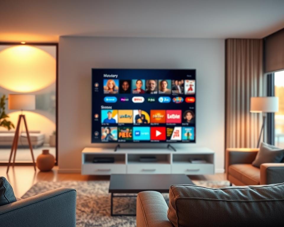 A well-lit interior scene showcasing a modern streaming service platform. In the foreground, a sleek and minimalist television display showcases a vibrant, high-definition user interface with a diverse array of channel options. In the middle ground, a modern entertainment center with clean lines and neutral tones provides a cohesive backdrop. The background features a warm, inviting living room setting with soft lighting, cozy furnishings, and large windows overlooking a serene outdoor landscape. The overall atmosphere conveys a sense of comfort, technology, and the vast array of entertainment options available through the Kanaalaanbod streaming service. A well-lit interior scene showcasing a modern streaming service platform. In the foreground, a sleek and minimalist television display showcases a vibrant, high-definition user interface with a diverse array of channel options. In the middle ground, a modern entertainment center with clean lines and neutral tones provides a cohesive backdrop. The background features a warm, inviting living room setting with soft lighting, cozy furnishings, and large windows overlooking a serene outdoor landscape. The overall atmosphere conveys a sense of comfort, technology, and the vast array of entertainment options available through the Kanaalaanbod streaming service.