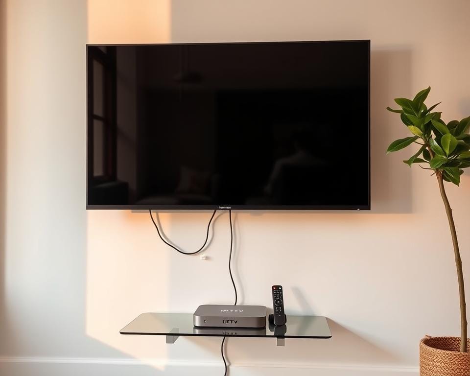 A well-lit, minimalist home living room setup with a modern HDTV mounted on the wall. The TV is connected to a sleek, compact IPTV streaming box on a floating shelf below, with a simple remote control nearby. The room has warm, natural lighting from large windows, giving a cozy, inviting atmosphere. The overall scene conveys the ease and simplicity of setting up a smart TV for IPTV streaming, without any cluttered cables or complex equipment visible. A well-lit, minimalist home living room setup with a modern HDTV mounted on the wall. The TV is connected to a sleek, compact IPTV streaming box on a floating shelf below, with a simple remote control nearby. The room has warm, natural lighting from large windows, giving a cozy, inviting atmosphere. The overall scene conveys the ease and simplicity of setting up a smart TV for IPTV streaming, without any cluttered cables or complex equipment visible.