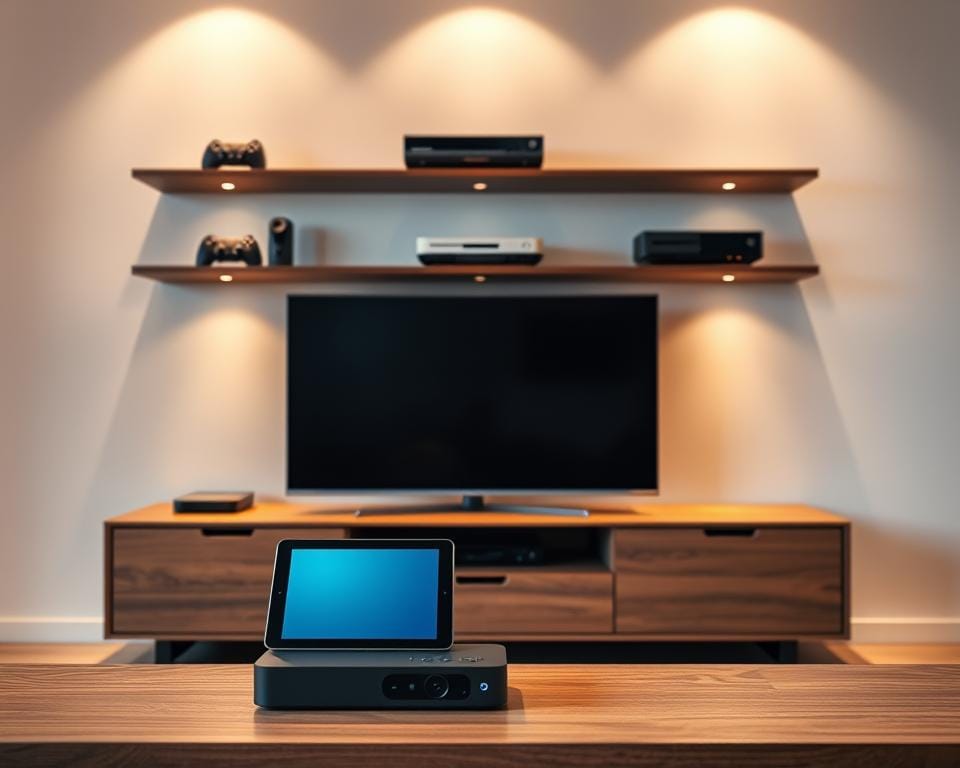 A well-lit, modern interior shot of an entertainment center showcasing various IPTV compatible devices. In the foreground, a sleek smart TV, streaming box, and tablet are neatly arranged on a minimalist wooden cabinet. Behind them, a cable box and gaming console sit atop floating shelves, integrated seamlessly into the minimalist design. Warm, directional lighting highlights the clean lines and muted tones of the setup, creating a sense of sophistication and technological prowess. The overall atmosphere conveys the versatility and user-friendliness of the IPTV system, making it an appealing choice for the modern home. A well-lit, modern interior shot of an entertainment center showcasing various IPTV compatible devices. In the foreground, a sleek smart TV, streaming box, and tablet are neatly arranged on a minimalist wooden cabinet. Behind them, a cable box and gaming console sit atop floating shelves, integrated seamlessly into the minimalist design. Warm, directional lighting highlights the clean lines and muted tones of the setup, creating a sense of sophistication and technological prowess. The overall atmosphere conveys the versatility and user-friendliness of the IPTV system, making it an appealing choice for the modern home.