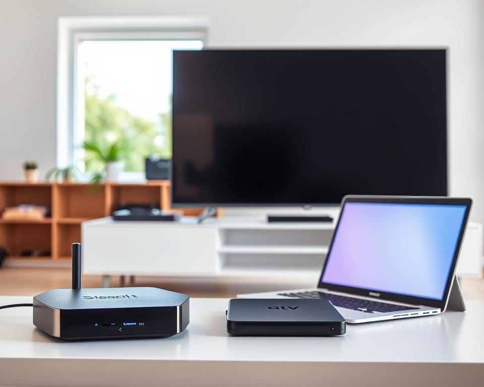 A well-lit, modern living room setting showcasing an assortment of compatible television devices. In the foreground, a sleek smart TV and a streaming box sit atop a minimalist entertainment console, their screens illuminated with crisp, vivid imagery. In the middle ground, a laptop and a tablet are positioned, highlighting the versatility of IPTV content access. The background features a large window, allowing natural light to flood the space and create a warm, inviting atmosphere. The overall scene conveys a sense of technological integration and seamless entertainment experience. A well-lit, modern living room setting showcasing an assortment of compatible television devices. In the foreground, a sleek smart TV and a streaming box sit atop a minimalist entertainment console, their screens illuminated with crisp, vivid imagery. In the middle ground, a laptop and a tablet are positioned, highlighting the versatility of IPTV content access. The background features a large window, allowing natural light to flood the space and create a warm, inviting atmosphere. The overall scene conveys a sense of technological integration and seamless entertainment experience.