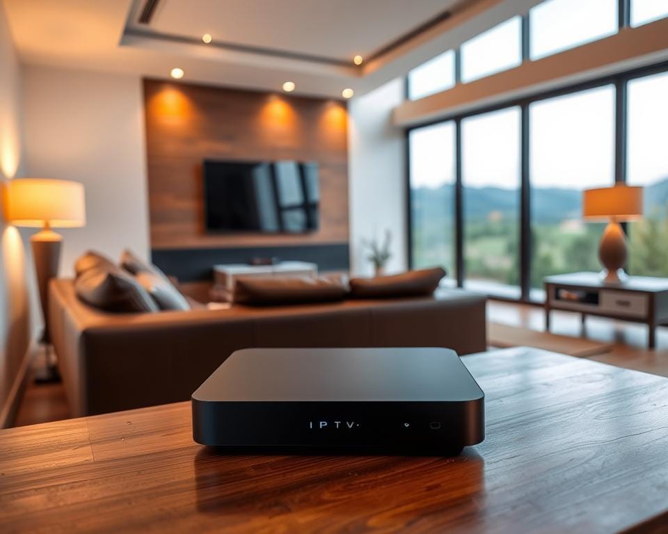 A well-lit modern living room with a comfortable leather couch and a large flat-screen TV mounted on the wall. In the foreground, a sleek and contemporary IPTV set-top box sits on a wooden media console, its minimalist design and clean lines reflecting the room's elegant aesthetic. The box is positioned prominently, inviting the viewer to consider its capabilities and suitability for their home entertainment needs. Warm, diffused lighting from floor lamps and recessed ceiling fixtures creates a cozy, inviting atmosphere, while large windows in the background offer a glimpse of a picturesque outdoor landscape. The overall scene conveys a sense of sophistication and technological integration within a comfortable, lived-in space. A well-lit modern living room with a comfortable leather couch and a large flat-screen TV mounted on the wall. In the foreground, a sleek and contemporary IPTV set-top box sits on a wooden media console, its minimalist design and clean lines reflecting the room's elegant aesthetic. The box is positioned prominently, inviting the viewer to consider its capabilities and suitability for their home entertainment needs. Warm, diffused lighting from floor lamps and recessed ceiling fixtures creates a cozy, inviting atmosphere, while large windows in the background offer a glimpse of a picturesque outdoor landscape. The overall scene conveys a sense of sophistication and technological integration within a comfortable, lived-in space.
