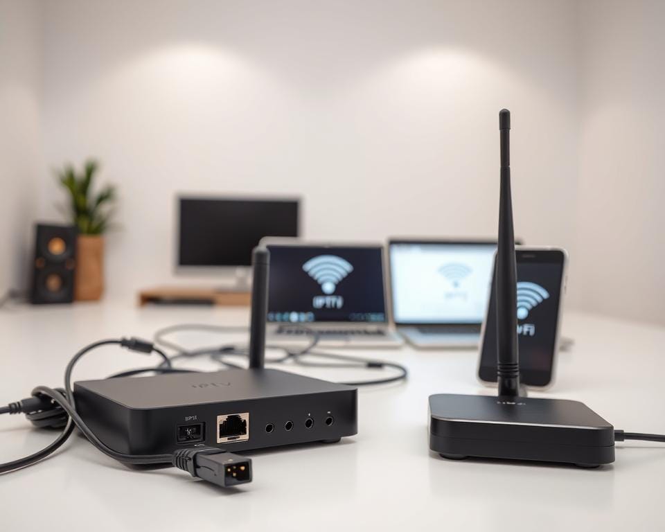 A well-lit studio scene showcasing a wired and a wireless internet connection. In the foreground, a sleek black IPTV box is prominently displayed, its Ethernet port and Wi-Fi antenna visible. Beside it, a collection of cables and a router represent the wired setup. In the middle ground, a laptop and a smartphone symbolize the wireless option, their screens illuminated with connectivity indicators. The background features a minimalist interior design, with neutral tones and clean lines to emphasize the technological focus. The lighting is soft and even, creating a professional, informative atmosphere suitable for an educational article. A well-lit studio scene showcasing a wired and a wireless internet connection. In the foreground, a sleek black IPTV box is prominently displayed, its Ethernet port and Wi-Fi antenna visible. Beside it, a collection of cables and a router represent the wired setup. In the middle ground, a laptop and a smartphone symbolize the wireless option, their screens illuminated with connectivity indicators. The background features a minimalist interior design, with neutral tones and clean lines to emphasize the technological focus. The lighting is soft and even, creating a professional, informative atmosphere suitable for an educational article.