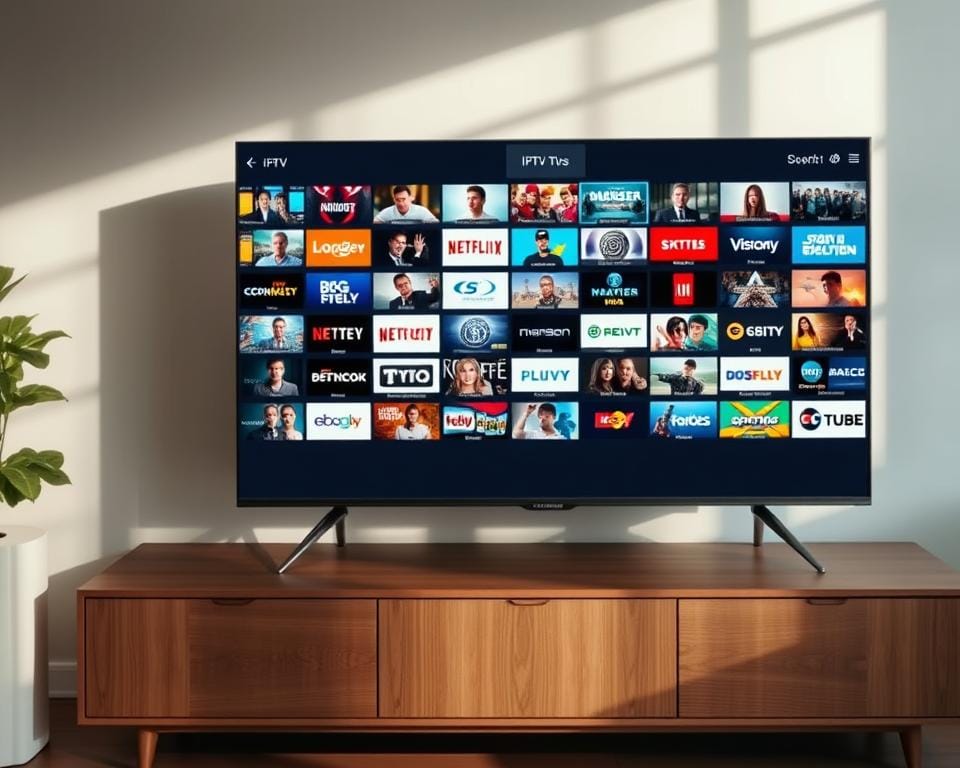 An expansive array of IPTV channels displayed on a sleek, modern television. The screen presents a comprehensive grid layout showcasing a diverse selection of entertainment options, ranging from news and sports to movies and specialty content. The scene is illuminated by soft, natural lighting, creating a warm and inviting atmosphere. The television stands on a minimalist, wood-paneled entertainment unit, blending seamlessly into a contemporary, Scandinavian-inspired living space. The overall composition emphasizes the abundance and accessibility of the IPTV subscription's content offerings, catering to a wide range of viewer preferences. An expansive array of IPTV channels displayed on a sleek, modern television. The screen presents a comprehensive grid layout showcasing a diverse selection of entertainment options, ranging from news and sports to movies and specialty content. The scene is illuminated by soft, natural lighting, creating a warm and inviting atmosphere. The television stands on a minimalist, wood-paneled entertainment unit, blending seamlessly into a contemporary, Scandinavian-inspired living space. The overall composition emphasizes the abundance and accessibility of the IPTV subscription's content offerings, catering to a wide range of viewer preferences.
