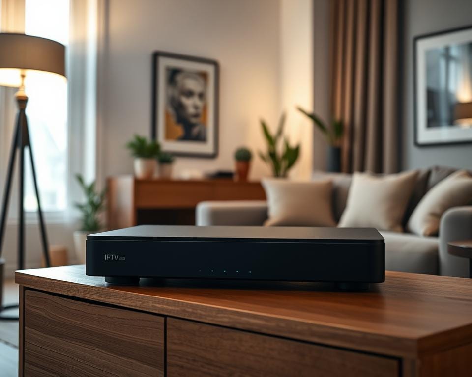 An indoor living room scene with a modern IPTV set-top box prominently displayed on a wooden TV stand. The box has a sleek, minimalist design with clean lines and subtle LED indicators. Soft, indirect lighting from a floor lamp and a large window creates a warm, inviting atmosphere. The background features tasteful decor elements like framed artwork, potted plants, and a cozy sofa, conveying a comfortable, tech-savvy home environment. The composition emphasizes the IPTV box as the focal point, showcasing its installation and integration into the living space. An indoor living room scene with a modern IPTV set-top box prominently displayed on a wooden TV stand. The box has a sleek, minimalist design with clean lines and subtle LED indicators. Soft, indirect lighting from a floor lamp and a large window creates a warm, inviting atmosphere. The background features tasteful decor elements like framed artwork, potted plants, and a cozy sofa, conveying a comfortable, tech-savvy home environment. The composition emphasizes the IPTV box as the focal point, showcasing its installation and integration into the living space.