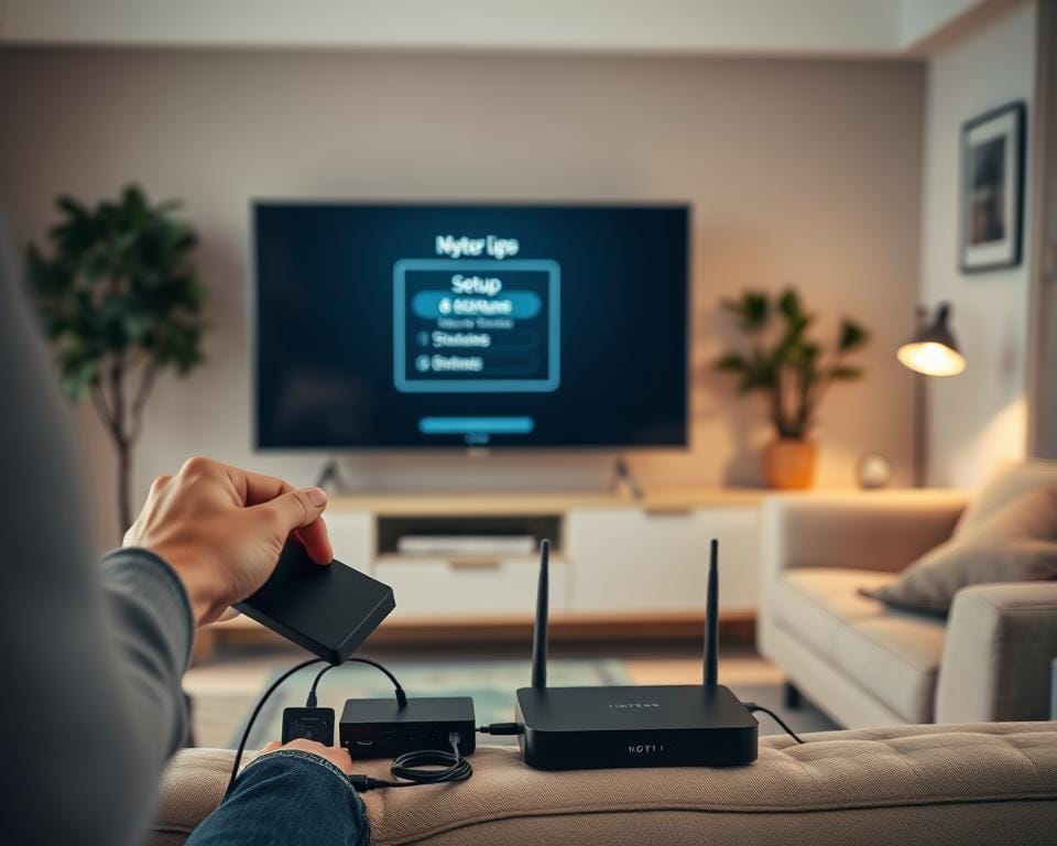 An interior scene of a modern living room, showcasing the process of setting up an internet-connected television. In the foreground, a person is carefully connecting various cables and devices, including a streaming box, router, and TV. The middle ground features the sleek, minimalist television set prominently displayed, its screen displaying an intuitive setup interface. The background reveals a cozy, well-lit space with tasteful decor, suggesting a comfortable and tech-savvy home environment. Soft, diffused lighting creates a warm, inviting atmosphere, while the angles and composition highlight the seamless integration of technology into the living space. The overall scene conveys a sense of simplicity and ease, reflecting the straightforward installation process of internet-based television. An interior scene of a modern living room, showcasing the process of setting up an internet-connected television. In the foreground, a person is carefully connecting various cables and devices, including a streaming box, router, and TV. The middle ground features the sleek, minimalist television set prominently displayed, its screen displaying an intuitive setup interface. The background reveals a cozy, well-lit space with tasteful decor, suggesting a comfortable and tech-savvy home environment. Soft, diffused lighting creates a warm, inviting atmosphere, while the angles and composition highlight the seamless integration of technology into the living space. The overall scene conveys a sense of simplicity and ease, reflecting the straightforward installation process of internet-based television.