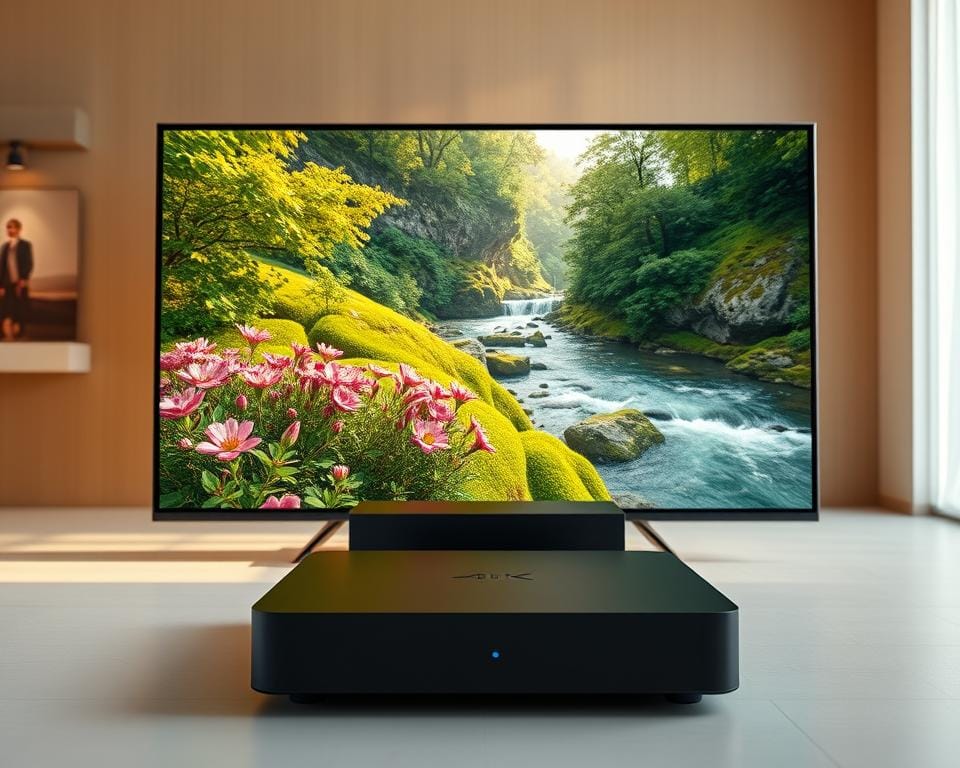 An ultra-high-definition digital rendering showcasing the exceptional clarity and vibrancy of a cutting-edge IPTV display. In the foreground, a pristine, edge-to-edge 4K screen displays a breathtaking nature scene, with lush greenery, vibrant flowers, and a serene flowing river. The middle ground features a sleek, minimalist IPTV set-top box, its crisp lines and premium materials emphasizing the advanced technology powering the stunning visuals. The background is a soft, evocative blur, drawing the viewer's focus to the mesmerizing image quality. Warm, balanced lighting accentuates the screen's infinite contrast and rich, saturated colors, creating a sense of depth and realism. Shot with a high-end cinematic lens for a cinematic, immersive perspective that showcases the "uitzonderlijke beeldkwaliteit" of this cutting-edge IPTV experience. An ultra-high-definition digital rendering showcasing the exceptional clarity and vibrancy of a cutting-edge IPTV display. In the foreground, a pristine, edge-to-edge 4K screen displays a breathtaking nature scene, with lush greenery, vibrant flowers, and a serene flowing river. The middle ground features a sleek, minimalist IPTV set-top box, its crisp lines and premium materials emphasizing the advanced technology powering the stunning visuals. The background is a soft, evocative blur, drawing the viewer's focus to the mesmerizing image quality. Warm, balanced lighting accentuates the screen's infinite contrast and rich, saturated colors, creating a sense of depth and realism. Shot with a high-end cinematic lens for a cinematic, immersive perspective that showcases the "uitzonderlijke beeldkwaliteit" of this cutting-edge IPTV experience.