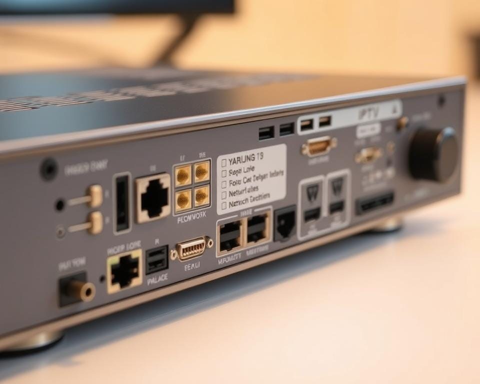 Detailed technical specifications of an IPTV receiver. A sleek and modern device with a clean, minimal design. Showing various connection ports, settings menus, and network configuration options. Captured in a high-resolution photograph with soft, warm lighting and a shallow depth of field to emphasize the technical details. The image conveys a sense of professionalism and expertise, suitable for an informative article on IPTV equipment. Detailed technical specifications of an IPTV receiver. A sleek and modern device with a clean, minimal design. Showing various connection ports, settings menus, and network configuration options. Captured in a high-resolution photograph with soft, warm lighting and a shallow depth of field to emphasize the technical details. The image conveys a sense of professionalism and expertise, suitable for an informative article on IPTV equipment.