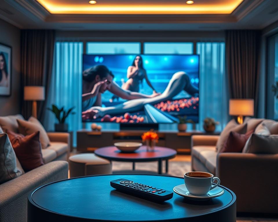 Elegant and immersive premium TV service. A cozy living room scene with a large flatscreen TV as the focal point, surrounded by plush furniture and warm lighting. In the foreground, a sleek remote control and a cup of coffee on a side table, suggesting a relaxed, high-end viewing experience. The TV screen displays vibrant, cinematic imagery, hinting at the superior audio-visual quality of the premium service. The background features tasteful decor and large windows, creating a sense of comfort and sophistication. Soft, diffused lighting and a muted color palette evoke a serene, luxurious ambiance. Elegant and immersive premium TV service. A cozy living room scene with a large flatscreen TV as the focal point, surrounded by plush furniture and warm lighting. In the foreground, a sleek remote control and a cup of coffee on a side table, suggesting a relaxed, high-end viewing experience. The TV screen displays vibrant, cinematic imagery, hinting at the superior audio-visual quality of the premium service. The background features tasteful decor and large windows, creating a sense of comfort and sophistication. Soft, diffused lighting and a muted color palette evoke a serene, luxurious ambiance.