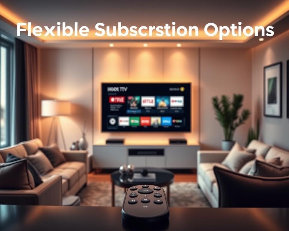 Elegant living room with a modern 4K television set, showcasing a flexible TV subscription service. The television is prominently displayed, surrounded by comfortable seating and minimalist decor, bathed in warm, diffused lighting. In the foreground, a sleek remote control hints at the user-friendly interface of the subscription service. The overall atmosphere conveys a sense of relaxation and high-quality entertainment, reflecting the "Flexible Subscription Options" section of the article. Elegant living room with a modern 4K television set, showcasing a flexible TV subscription service. The television is prominently displayed, surrounded by comfortable seating and minimalist decor, bathed in warm, diffused lighting. In the foreground, a sleek remote control hints at the user-friendly interface of the subscription service. The overall atmosphere conveys a sense of relaxation and high-quality entertainment, reflecting the "Flexible Subscription Options" section of the article.