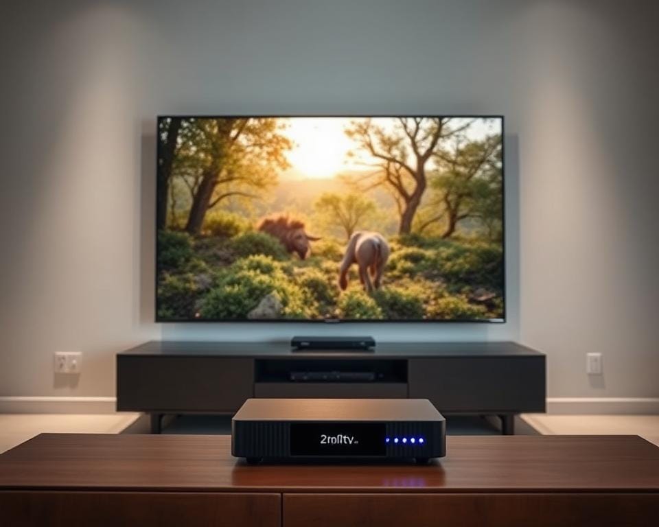 High-quality streaming television over the internet, showcased in a modern, minimalist living room setting. A large, ultra-high-definition display takes center stage, its screen filled with a vibrant, detailed image of a nature documentary. Soft, indirect lighting illuminates the space, creating a warm and inviting atmosphere. In the foreground, a sleek, contemporary media console houses the streaming device, its indicator lights subtly pulsing. The room's decor is sparse yet stylish, allowing the focus to remain on the captivating, crystal-clear imagery being displayed. The overall scene conveys a sense of technological sophistication and visual fidelity, perfectly capturing the essence of high-quality IPTV streaming. High-quality streaming television over the internet, showcased in a modern, minimalist living room setting. A large, ultra-high-definition display takes center stage, its screen filled with a vibrant, detailed image of a nature documentary. Soft, indirect lighting illuminates the space, creating a warm and inviting atmosphere. In the foreground, a sleek, contemporary media console houses the streaming device, its indicator lights subtly pulsing. The room's decor is sparse yet stylish, allowing the focus to remain on the captivating, crystal-clear imagery being displayed. The overall scene conveys a sense of technological sophistication and visual fidelity, perfectly capturing the essence of high-quality IPTV streaming.