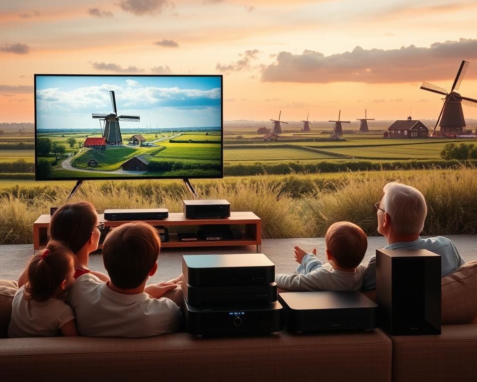 Voordelen van IPTV in Nederland: A serene, natural landscape showcasing the benefits of IPTV service. In the foreground, a family relaxes on a comfortable couch, their faces illuminated by the glow of a large, high-definition television screen displaying crisp, vivid imagery. The middle ground features an array of modern, sleek electronic devices, symbolizing the advanced technology and seamless integration of IPTV. In the background, a panoramic view of the Dutch countryside, with windmills and lush greenery, represents the widespread availability and accessibility of IPTV throughout the Netherlands. The overall mood is one of tranquility, comfort, and the embrace of cutting-edge entertainment technology in a familiar, homely setting. Voordelen van IPTV in Nederland: A serene, natural landscape showcasing the benefits of IPTV service. In the foreground, a family relaxes on a comfortable couch, their faces illuminated by the glow of a large, high-definition television screen displaying crisp, vivid imagery. The middle ground features an array of modern, sleek electronic devices, symbolizing the advanced technology and seamless integration of IPTV. In the background, a panoramic view of the Dutch countryside, with windmills and lush greenery, represents the widespread availability and accessibility of IPTV throughout the Netherlands. The overall mood is one of tranquility, comfort, and the embrace of cutting-edge entertainment technology in a familiar, homely setting.