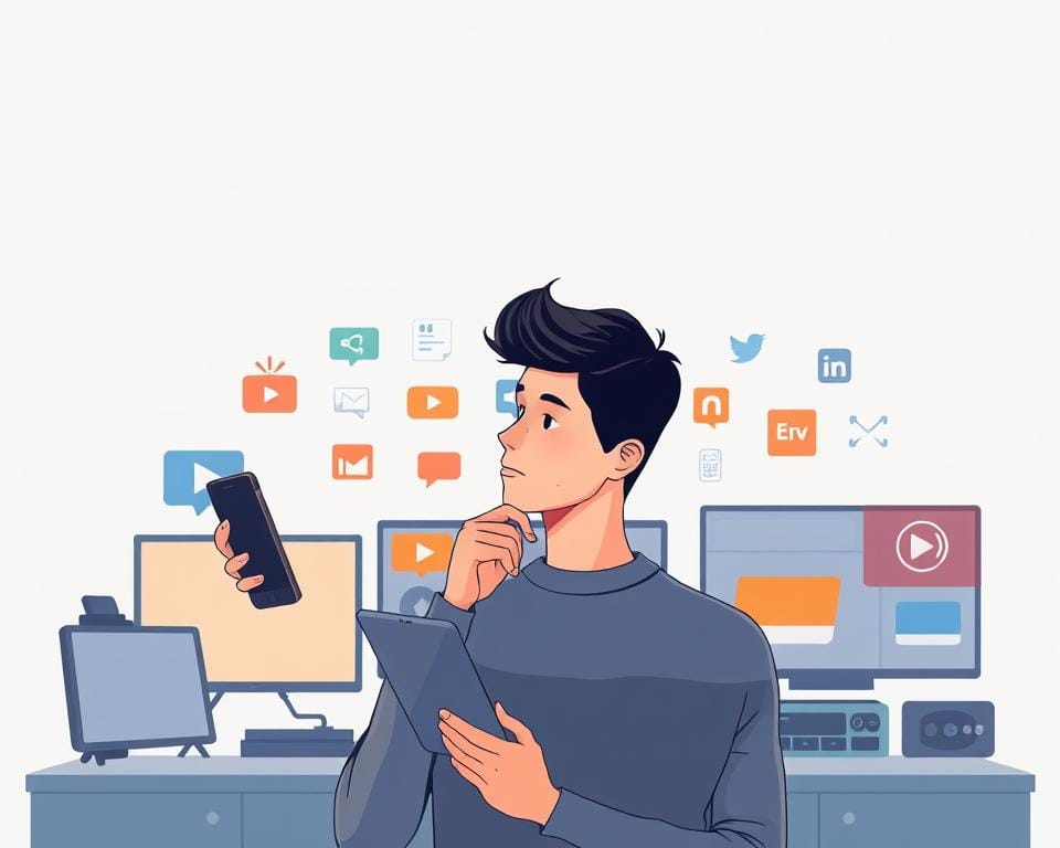 a high-quality, detailed digital illustration of a person or consumer making a selection or decision among various media options, with a clean, modern, and minimalist design style. The foreground features the central figure thoughtfully considering several different media devices or platforms in front of them, such as a smartphone, tablet, laptop, and television remote. The middle ground shows a selection of media icons or logos representing different entertainment, news, and communication channels. The background has a subtle gradient or texture, providing a calm and focused atmosphere to emphasize the decision-making process. The lighting is soft and natural, creating a sense of clarity and focus on the subject. The overall composition and color palette convey a sense of balance, thoughtfulness, and the importance of making an informed media consumer choice. a high-quality, detailed digital illustration of a person or consumer making a selection or decision among various media options, with a clean, modern, and minimalist design style. The foreground features the central figure thoughtfully considering several different media devices or platforms in front of them, such as a smartphone, tablet, laptop, and television remote. The middle ground shows a selection of media icons or logos representing different entertainment, news, and communication channels. The background has a subtle gradient or texture, providing a calm and focused atmosphere to emphasize the decision-making process. The lighting is soft and natural, creating a sense of clarity and focus on the subject. The overall composition and color palette convey a sense of balance, thoughtfulness, and the importance of making an informed media consumer choice.