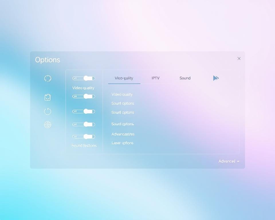 a stunning, high-resolution interface display options panel with a sleek, modern design. The foreground features a clean, minimalist layout with various toggle switches, sliders, and dropdown menus allowing precise control over IPTV settings. The middle ground showcases visual representations of different IPTV functions, such as video quality, sound options, and advanced features. The background is a softly blurred, gradient-based design in calming tones that complement the interface, creating a cohesive and visually appealing aesthetic. Lighting is natural and diffused, with a slight vignette effect to draw the viewer's attention to the central interface. The overall mood is one of technological sophistication and user-friendly functionality. a stunning, high-resolution interface display options panel with a sleek, modern design. The foreground features a clean, minimalist layout with various toggle switches, sliders, and dropdown menus allowing precise control over IPTV settings. The middle ground showcases visual representations of different IPTV functions, such as video quality, sound options, and advanced features. The background is a softly blurred, gradient-based design in calming tones that complement the interface, creating a cohesive and visually appealing aesthetic. Lighting is natural and diffused, with a slight vignette effect to draw the viewer's attention to the central interface. The overall mood is one of technological sophistication and user-friendly functionality.